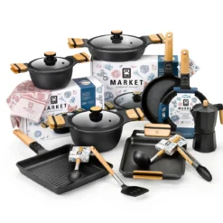 Grill antiadherente con rayas y mango madera desmontable Market BRA