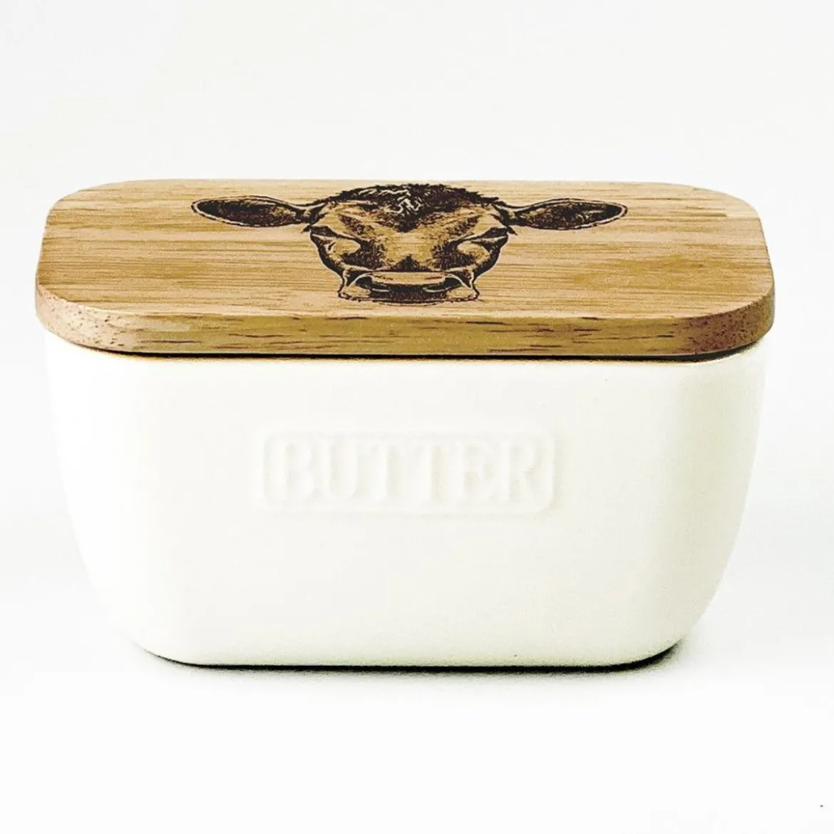 Mantequera cerámica con tapa de madera de roble Selbrae