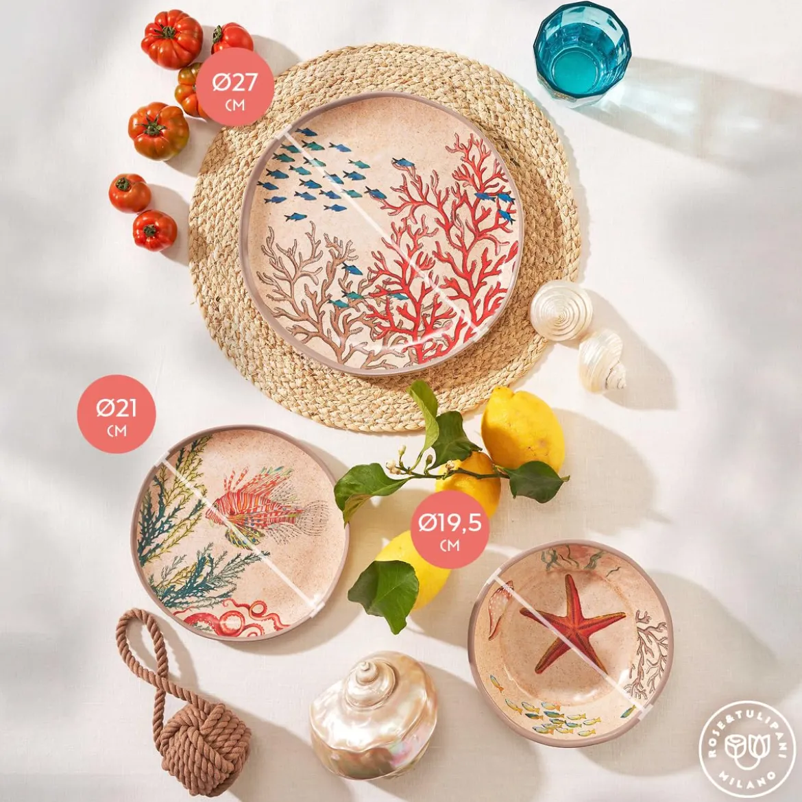 Set de 2 platos de postre de melamina Sea Life Rose & Tulipani