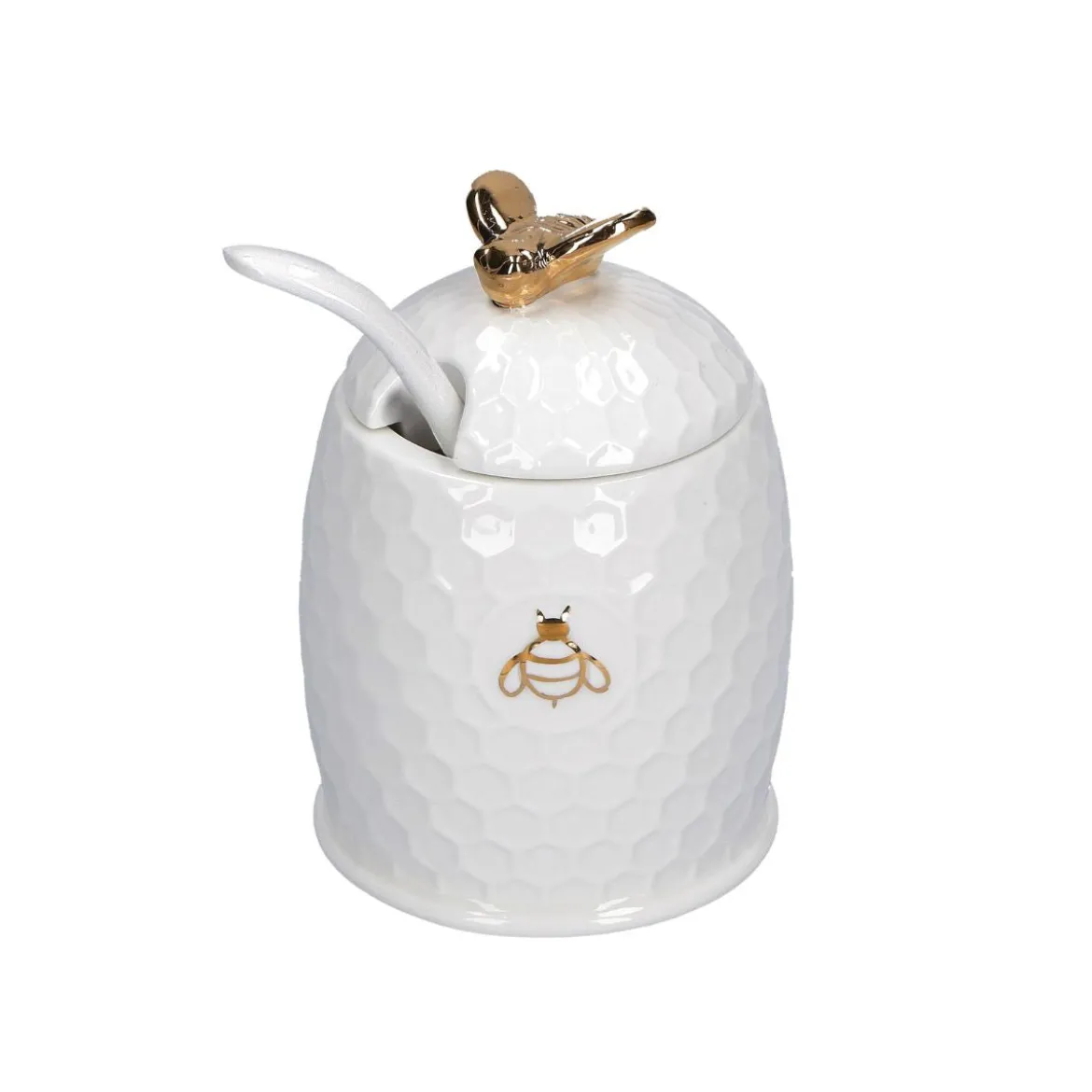 Tarro de porcelana para la miel con cuchara de madera Aperegina Oro La Porcellana Bianca
