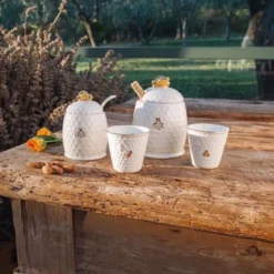 Tarro de porcelana para la miel con cuchara de madera Aperegina Oro La Porcellana Bianca
